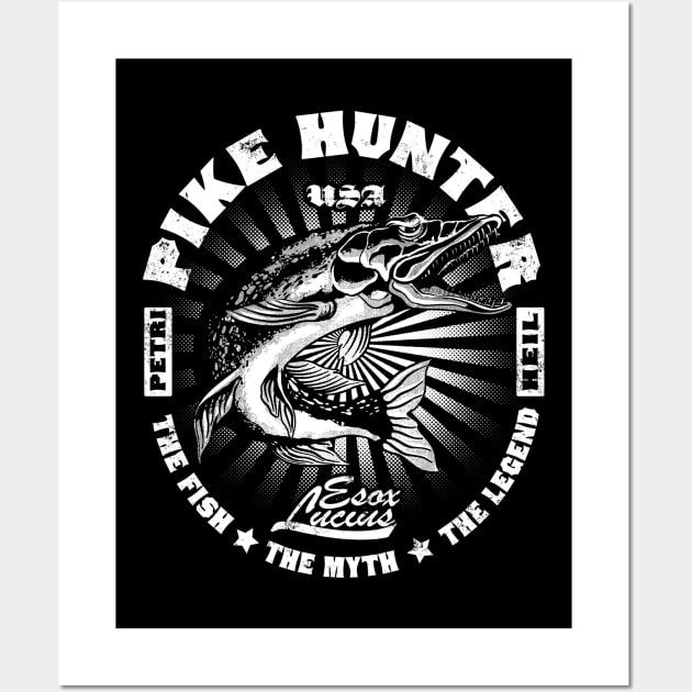 Pike Hunter USA Fishing Vintage Logo Design Wall Art by Black Tee Inc